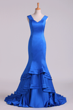Dark Royal Blue Off-The-Shoulder Mermaid Party Dresses Sweep Train Satin Zipper Back Rjerdress