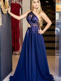 Dark Royal Blue One Shoulder Long Chiffon Prom Dresses Appliques Evening Dresses RJS553