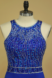 Dark Royal Blue Open Back Party Dresses Scoop Spandex With Beading And Slit Sweep Train Rjerdress