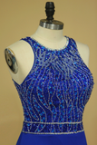 Dark Royal Blue Open Back Party Dresses Scoop Spandex With Beading And Slit Sweep Train Rjerdress
