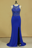 Dark Royal Blue Open Back Party Dresses Scoop Spandex With Beading And Slit Sweep Train