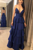 Dark Royal Blue Spaghetti Straps Tiered High Waist Prom Dresses V Neck Backless