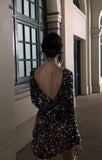 Dazzling Black Bodycon V Neck Long Sleeve Sequin Short/Mini Homecoming Dresses Rjerdress