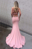 Decent Round Neck Keyhole Sweep Train Pink Mermaid Prom Dress with Appliques RJS779 Rjerdress