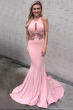 Decent Round Neck Keyhole Sweep Train Pink Mermaid Prom Dress with Appliques RJS779