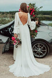 Deep V Neck A Line Long Sleeves Wedding Dresses With Slit, V Back Long Bridal Gowns Rjerdress