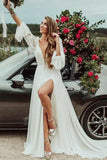 Deep V Neck A Line Long Sleeves Wedding Dresses With Slit, V Back Long Bridal Gowns Rjerdress