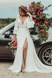 Deep V Neck A Line Long Sleeves Wedding Dresses With Slit, V Back Long Bridal Gowns