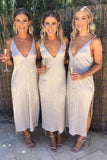 Deep V Neck Ankle Length  A Line Bridesmaid Dresses With Side Slit Wedding Party Dress Rjerdress