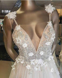Deep V Neck Beads Straps Tulle Appliques A-line Beach Wedding Dress Rjerdress