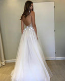 Deep V Neck Beads Straps Tulle Appliques A-line Beach Wedding Dress Rjerdress