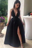 Deep V Neck Black Prom Dresses with Appliques Lace Satin Side Slit Evening Dresses P1130 Rjerdress