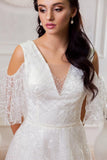 Deep V Neck Drop Sleeves Lace Wedding Dresses White Long Wedding Gowns Rjerdress