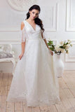 Deep V Neck Drop Sleeves Lace Wedding Dresses White Long Wedding Gowns Rjerdress
