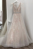 Deep V Neck Sleeveless A Line Lace Wedding Dress with Beading, Tulle Bride Dress