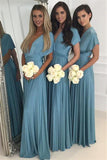 Deep V-neck Convertible Bridesmaid Dresses Cheap | Floor Length Sexy Blue Chiffon Wedding Apparel