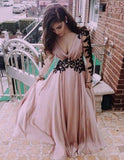 Deep V neck Prom Dress Fashion Long Sleeves Appliques Black And Pink Chiffon Prom Dress RJS138 Rjerdress