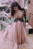 Deep V neck Prom Dress Fashion Long Sleeves Appliques Black And Pink Chiffon Prom Dress RJS138