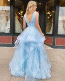 Delicate Ball Gown Sleeveless V Neck Backless Light Blue Long Prom Dresses Rjerdress