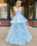 Delicate Ball Gown Sleeveless V Neck Backless Light Blue Long Prom Dresses Rjerdress