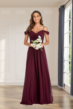 Delicate Burgundy Off the Shoulder Floor Length Bridesmaid Dresses Rjerdress