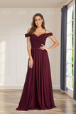 Delicate Burgundy Off the Shoulder Floor Length Bridesmaid Dresses Rjerdress