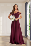 Delicate Burgundy Off the Shoulder Floor Length Bridesmaid Dresses