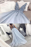 Delicate Sleeveless V Neck Backless Light Blue with Lace Appliques Long Prom Dresses uk RJS268 Rjerdress