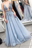 Delicate Sleeveless V Neck Backless Light Blue with Lace Appliques Long Prom Dresses uk RJS268