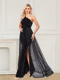 Detachable Mermaid One Shoulder Sequin Tulle Prom Dresses With Slit Rjerdress