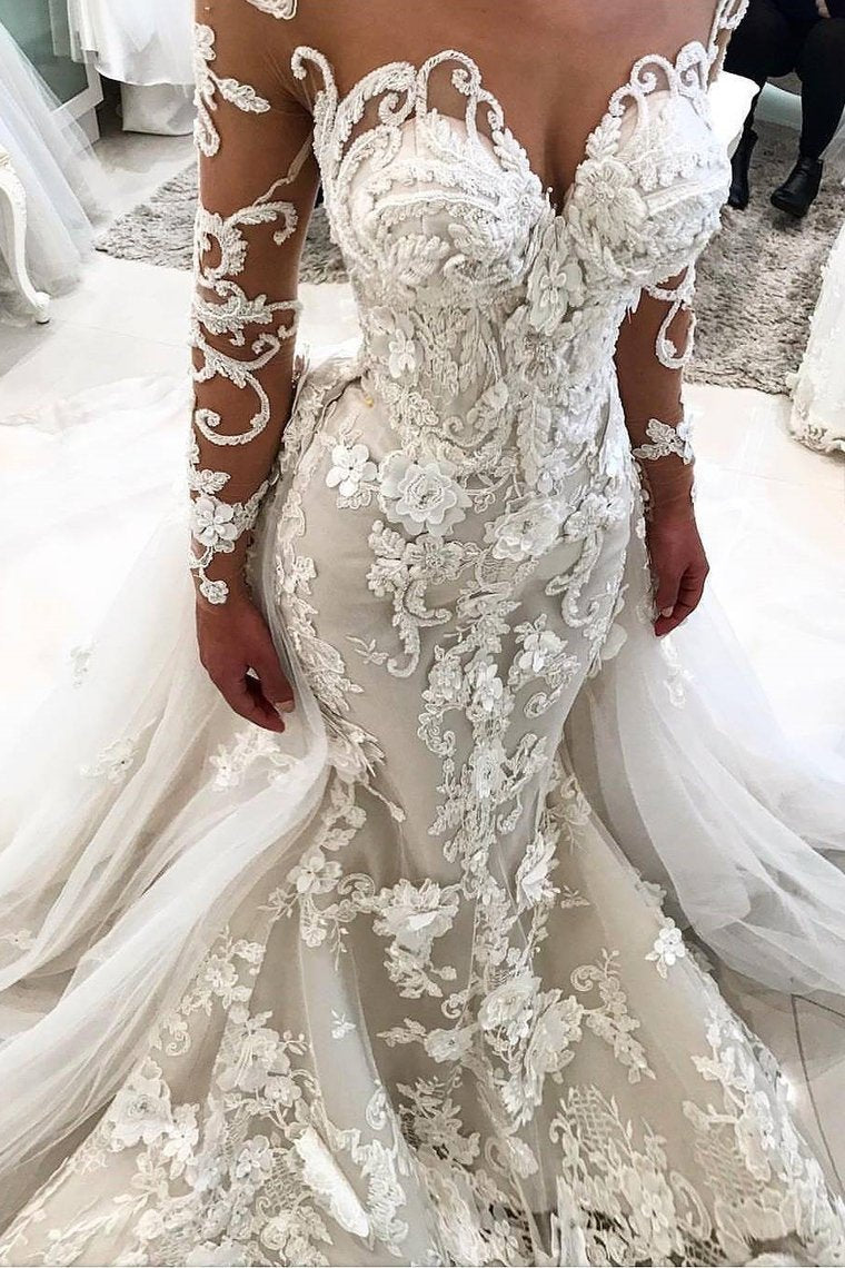 Detachable Train Long Sleeves Scoop Mermaid Wedding Dresses With Applique Tulle Rjerdress