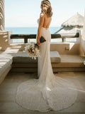 Detachable Train Wedding Dresses Spaghetti Straps Sheath Tulle With Sequins Rjerdress