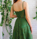 Dramatic A Line Dark Green Lace Sleeveless Spaghetti Straps Prom Dresses Evning Dresses Rjerdress