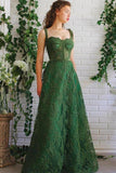 Dramatic A Line Dark Green Lace Sleeveless Spaghetti Straps Prom Dresses Evning Dresses Rjerdress