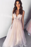 Dreamy V Neck Pearl Pink Tulle Floor Length Bridesmaid Dress with Appliques RJS1095 Rjerdress