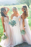 Dreamy V Neck Pearl Pink Tulle Floor Length Bridesmaid Dress with Appliques RJS1095