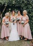 Dusty Pink Off the Shoulder High Low Ankle Length Satin Bridesmaid Dresses Rjerdress
