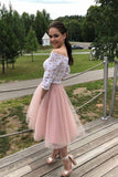 Elegant 3/4 Sleeves Lace Off the Shoulder Short Tulle Prom Dresses Two Piece Dress Rjerdress