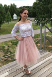 Elegant 3/4 Sleeves Lace Off the Shoulder Short Tulle Prom Dresses Two Piece Dress