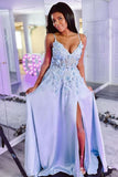 Elegant 3D Flowers Satin Slit Prom Dress Sleeveless Deep V Neck Long Formal Dress Rjerdress