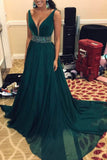 Elegant A Line Beads Green V Neck Long Chiffon Sleeveless Prom Dresses RJS695