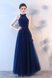 Elegant A-Line Blue Halter Tulle Long Open Back Beads Lace up Prom Dresses UK RJS409
