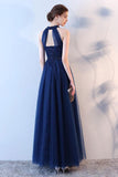 Elegant A-Line Blue Halter Tulle Long Open Back Beads Lace up Prom Dresses UK RJS409 Rjerdress