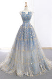 Elegant A Line Blue Tulle Long Strapless Lace up Gold Evening Dress Prom Dresses RJS223 Rjerdress