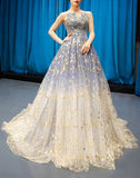 Elegant A Line Blue Tulle Long Strapless Lace up Gold Evening Dress Prom Dresses RJS223