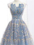 Elegant A Line Blue Tulle Long Strapless Lace up Gold Evening Dress Prom Dresses RJS223 Rjerdress