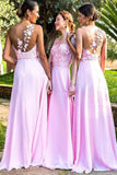Elegant A Line Chiffon One Shoulder Pink With Flowers Bridesmaid Dresses Rjerdress