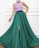 Elegant A Line Chiffon Open Back Halter Slit Tulle Long Cheap Prom Dresses RJS58 Rjerdress