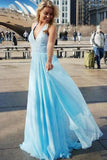 Elegant A-Line Deep V-Neck Blue Chiffon Sequins Sleeveless Prom Dresses UK RJS521