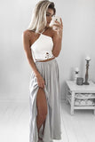 Elegant A-Line Elastic Satin Spaghetti Straps Backless Long Grey Prom Dresses with Split RJS654